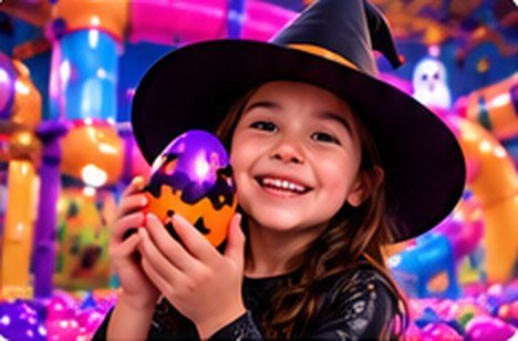 Girl in a witch hat holding a Halloween egg