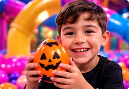 Smiling boy holding a pumpkin egg